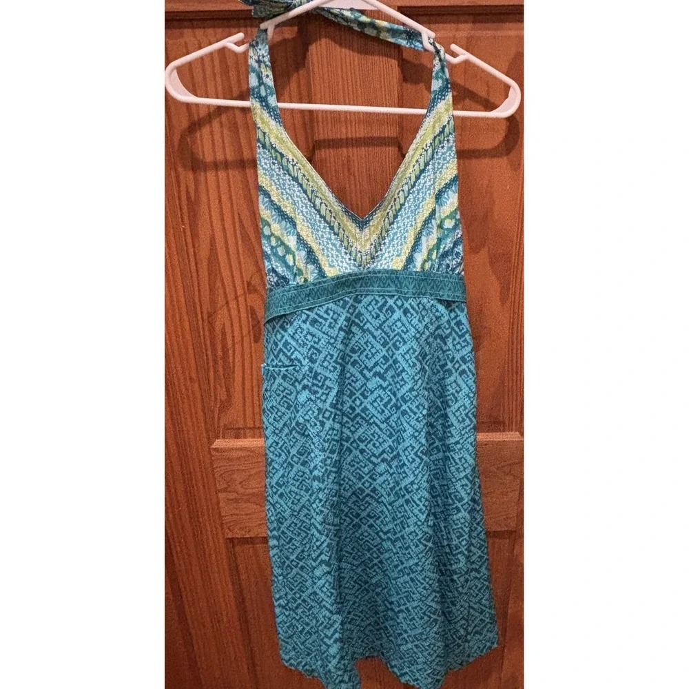 Athleta Pack Everywhere V Neck Halter Dress Turquoise Teal Geometric Design Sz 8